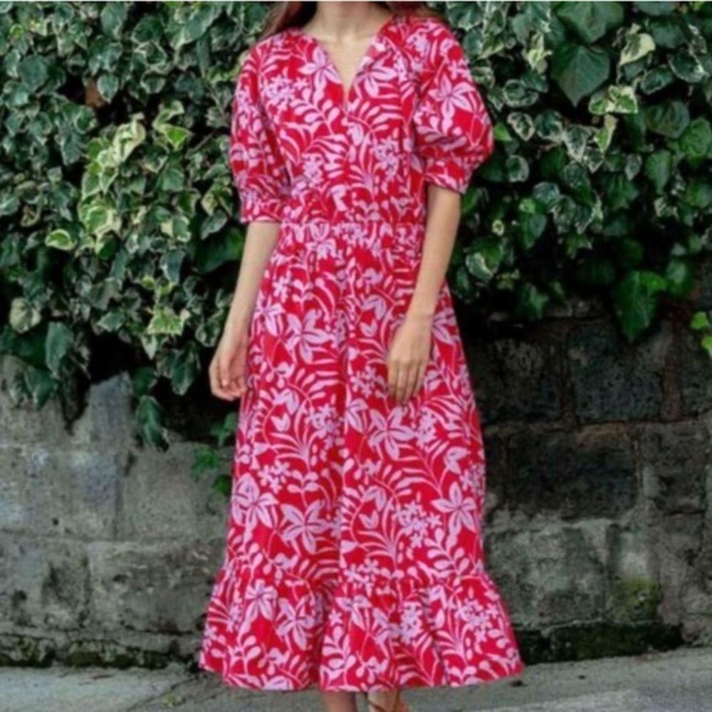 Pink and Red Floral Maxi Dress with Puff Sleeves